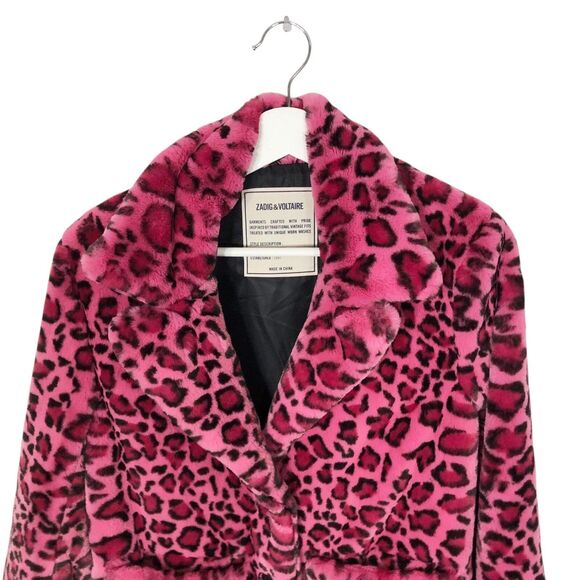 Zadig & Voltaire Lila Leopard Jacket XS Pink Black Faux Fur Button Front - Picture 5 of 12